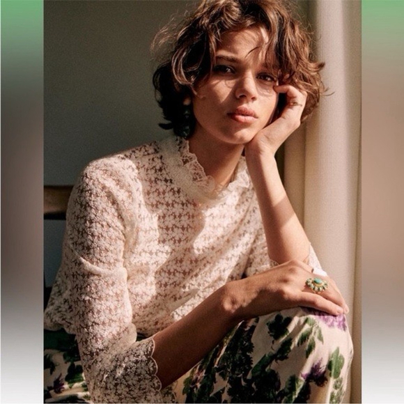 Sezane Amal Lace Sheer Mock Neck Blouse Size 38 Ecru Elegant Feminine Romantic - Picture 6 of 12